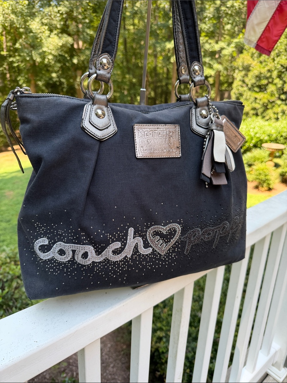 Coach Poppy Heart Black Canvas Rhinestone Tote and WRISTLET 3 HANG TAGS - Picture 7 of 17